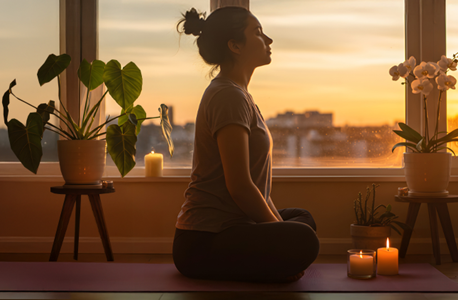 Peaceful morning scene with herbal tea, meditation cushion, and natural elements representing daily balance and wellness