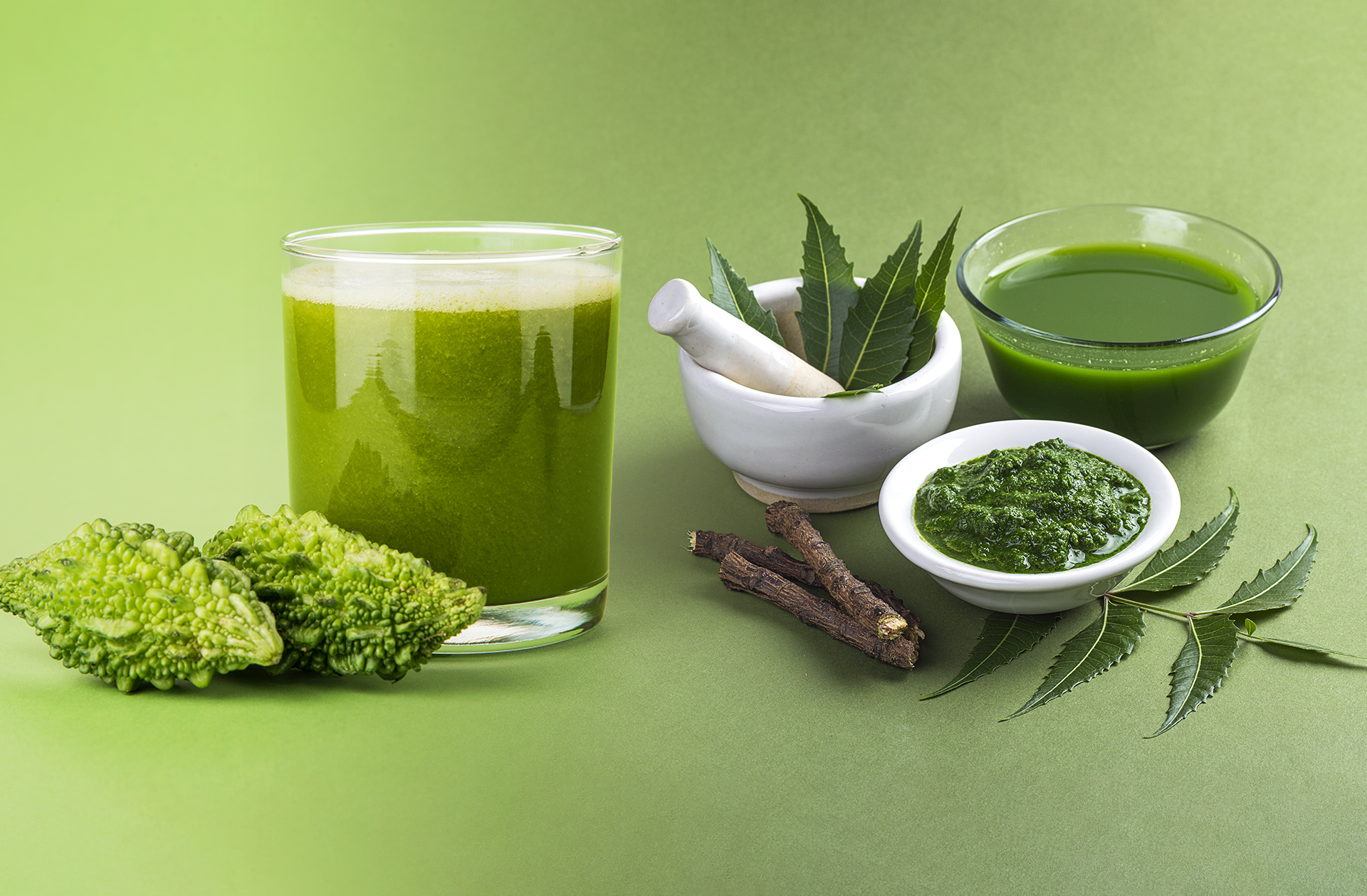 Ayurvedic herbs, juices, and neem-based preparations supporting metabolic health