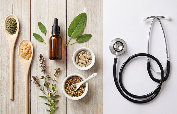 Natural herbal remedies alongside conventional medicine representing integrative care for chronic disease at SOUKYA