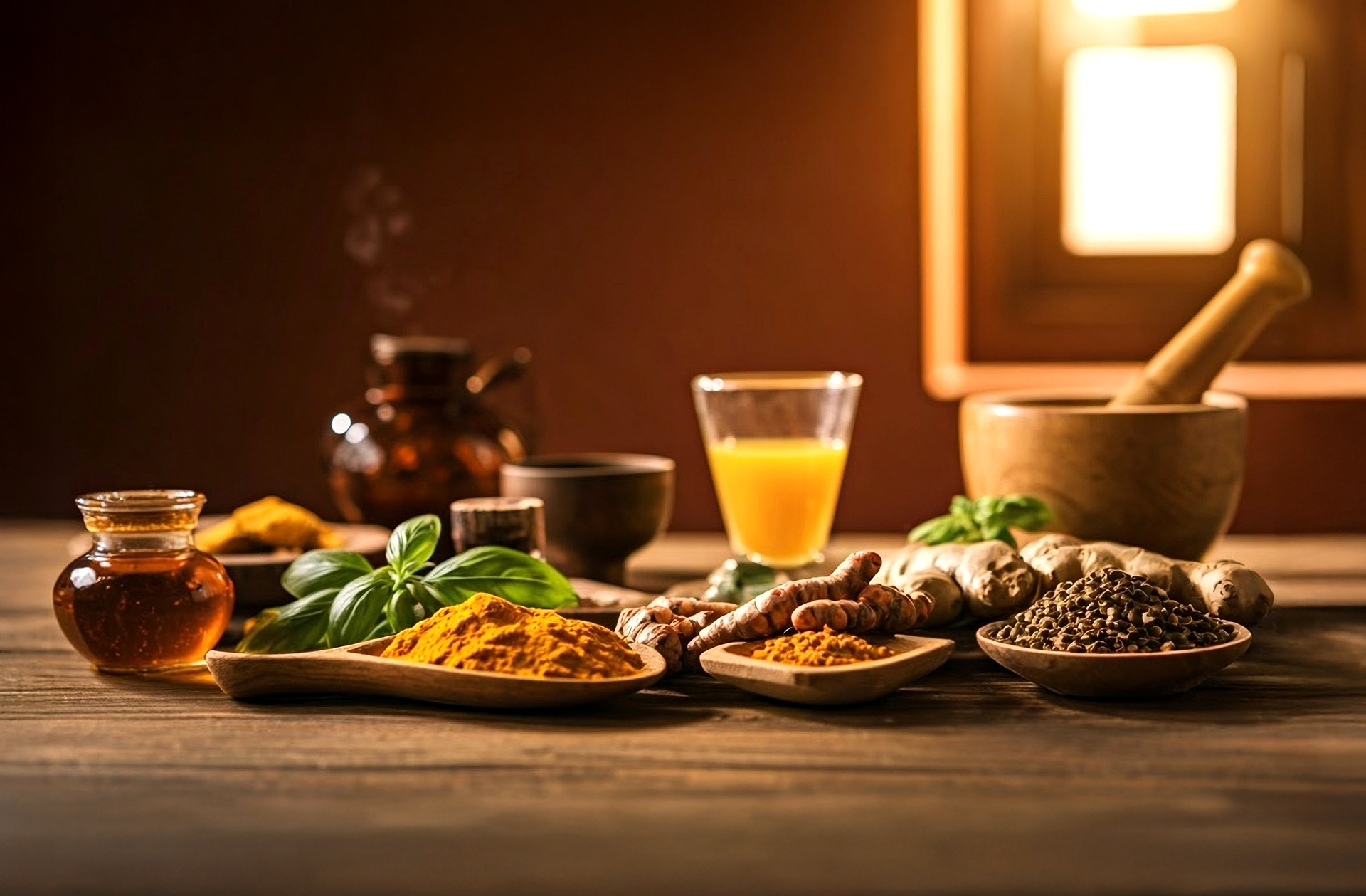 Natural healing ingredients including turmeric, ginger, herbs, and traditional medicine tools arranged on wooden surface